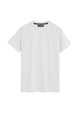 Camiseta blanca de algodón de manga corta con cuello redondo y pequeño logo bordado de jugador de polo en el lado izquierdo del pecho.