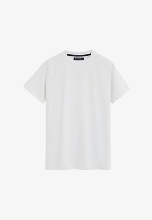 Biała bawełniana koszulka z krótkim rękawem, okrągłym dekoltem i małym haftowanym logo gracza polo na lewej piersi.