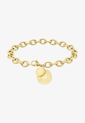 Armband aus goldfarbenem Metall mit ovalen Gliedern, ausgestattet mit zwei runden Anhängern, die mit kreisförmigen Mustern graviert sind, sowie einem Karabinerverschluss.