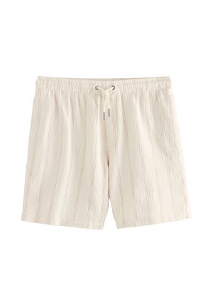 Pantaloncini beige in tessuto strutturato con vita elastica e coulisse frontale, progettati per un uso casual.