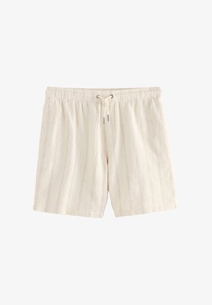 Pantaloncini beige in tessuto strutturato con vita elastica e coulisse frontale, progettati per un uso casual.