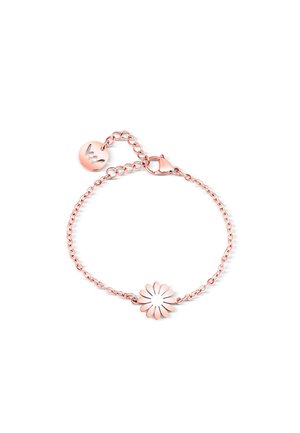 Náhrdelník z růžového zlata s květinovým designem uprostřed, obsahující řetízek a zapínání s přidaným přívěskem.