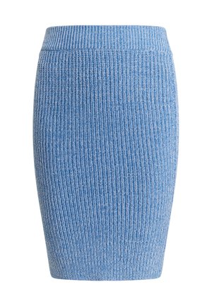 Blauer gerippter Strickrock mit figurbetonendem Design und breitem Bund, ausgestattet mit einer glatten Textur und dezentem horizontalem Streifenmuster.