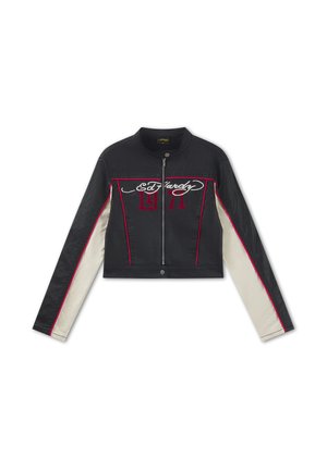 Black cropped jacket with front zipper, red piping, white panels on sleeves, and red "1971" with white "Ed Hardy" text on chest.
