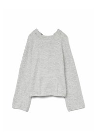 Maglione grigio corto realizzato in morbido tessuto knit. Presenta un colletto rotondo e maniche lunghe e larghe. Texture liscia senza motivi o accenti.