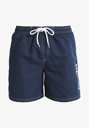 Navyblaue Badehosen mit weißen Nähten und einem Kordelzugbund, entspannte Passform und seitlichem Logodetail.