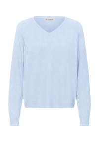 Világoskék, hosszú ujjú V-nyakú pulóver bordázott mandzsettákkal és szegéllyel, puha, texturált anyagból készült.
