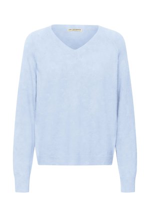 Gaiši zils garroku V-veida kakla džemperis ar riboto aprocēm un apakšmalu, izgatavots no mīksta teksturēta auduma.