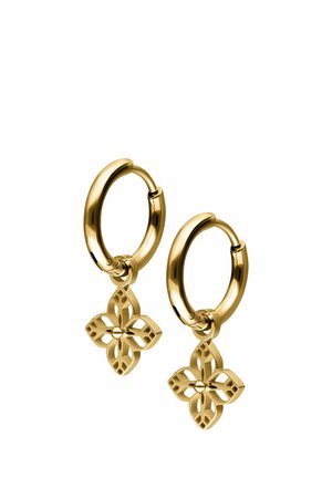 Gold hoop earrings with four-petal flower-shaped charms featuring cutout details, shown on a white background.