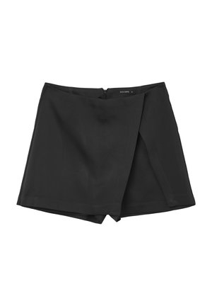Schwarze Wickelhosen aus einem glatten Stoff, mit einem eleganten Design, seitlichem Reißverschluss und minimalistischem Schnitt. Geeignet für die Freizeit.
