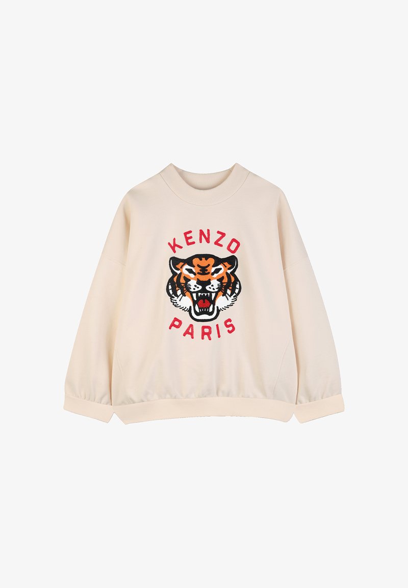 Cremefarvet sweatshirt med rund halsudskæring, elastiske manchetter og ribbet kant. Har et stort broderet tiger-motiv og teksten "KENZO PARIS" i rødt.