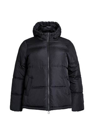 Black puffer jacket with a hood, featuring a front zipper, quilted texture, and two side pockets, designed for warmth and comfort.