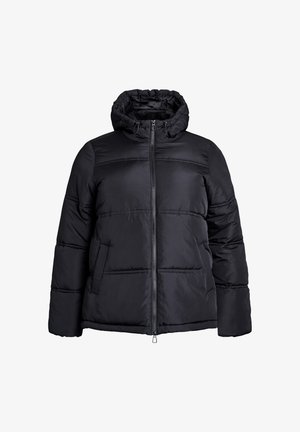 Melnā pūkainā jaka ar kapuci, ar priekšējo rāvējslēdzēju, quilted tekstūru un divām sānu kabatām, paredzēta siltumam un komfortam.