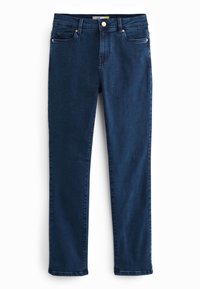 Jeans de mezclilla azul oscuro con un ajuste slim, diseño de cinco bolsillos, cierre de botón y cremallera, y detalles de costura sutiles.