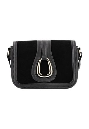 Sort ruskinds crossover taske med læderdetaljer. Har en metallisk loop-lukning og topstikning. Kompakt rektangulær form.