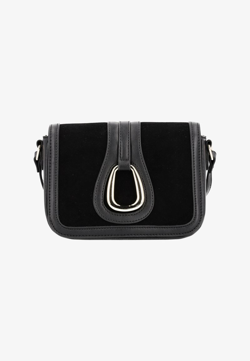 Sort ruskinds crossover taske med læderdetaljer. Har en metallisk loop-lukning og topstikning. Kompakt rektangulær form.