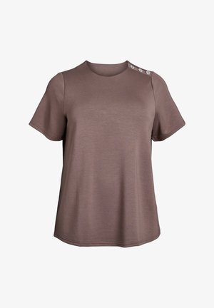 Brown short-sleeve T-shirt with a round neckline, featuring three decorative buttons at the left shoulder, made from soft, smooth fabric.
