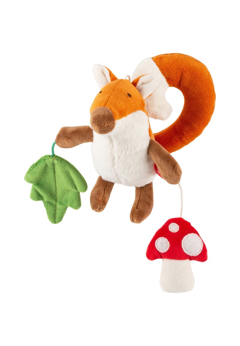 Plush fox toy with an orange and white body, brown limbs, and large ears, holding a green leaf and a red mushroom with white spots.