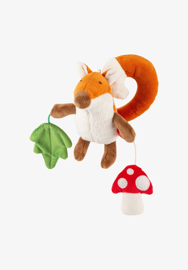 Plüschfuchs-Spielzeug mit einem orange-weißen Körper, braunen Gliedmaßen und großen Ohren, der ein grünes Blatt und einen roten Pilz mit weißen Punkten hält.