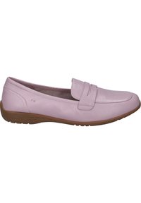 Pink leather loafers with a stitched strap detail, round toe, and a brown rubber sole. The design features a smooth texture and minimal accents.