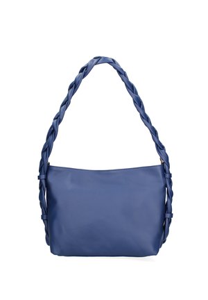 Borsa a tracolla blu con superficie liscia e tracolla spessa e intrecciata, forma rettangolare e chiusura con cerniera sulla parte superiore.