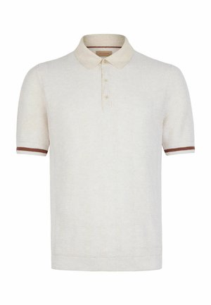 Kremowa dzianinowa koszulka polo z krótkim rękawem, z fakturowanym wzorem, beżowym kołnierzykiem, listwą na guziki i brązowymi paskowanymi mankietami.