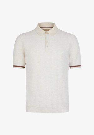 Kremowa dzianinowa koszulka polo z krótkim rękawem, z fakturowanym wzorem, beżowym kołnierzykiem, listwą na guziki i brązowymi paskowanymi mankietami.