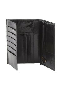 Portafoglio in pelle nera con una texture liscia, dotato di molteplici scomparti per carte, un comparto con zip e un design pieghevole.