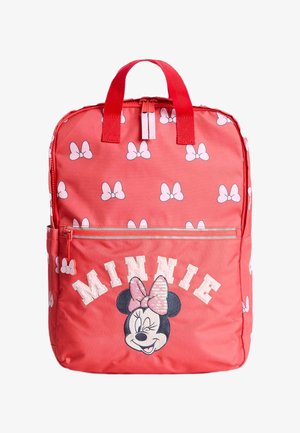 Roter Stoff-Rucksack mit weißen Schleifenmustern. Verfügt über eine vordere Reißverschlusstasche mit dem Text "MINNIE" und einem gestickten Minnie Mouse Design.