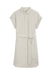 Abito camicia in lino beige chiaro, con chiusura a bottoni frontale, colletto, maniche corte e cintura annodata in vita per una vestibilità regolabile.