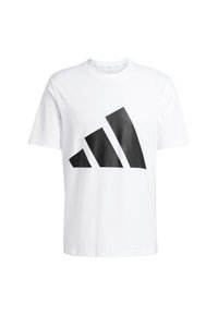 Witte katoenen T-shirt met een groot zwart driehoekig grafisch ontwerp op de voorkant, korte mouwen en een klassieke ronde halslijn.