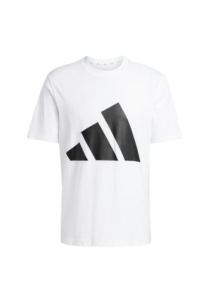 T-shirt en coton blanc avec un grand design graphique triangulaire noir sur le devant, des manches courtes et un col rond classique.