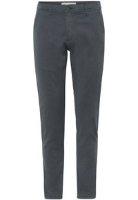 Grå, slim-fit byxor i textil med strukturerad yta, med dragkedja fram, knappstängning och bälteshällor. Enkelt mönster utan synliga dekorationer.