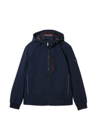 Marineblaue Jacke mit Kapuze, Frontreißverschluss und seitlichen Taschen. Hat ein elegantes Design, elastische Bündchen und einen subtilen strukturierten Stoff.