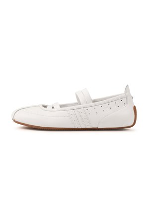 White leather flat shoe with two elastic straps, perforated detailing, and brown rubber sole, shown from the side on a white background.