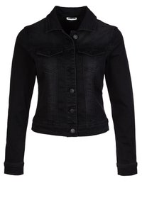 Chaqueta de mezclilla negra con un diseño ajustado, cierre de botones, dos bolsillos en el pecho y mangas entalladas. Presenta detalles de costura clásicos.