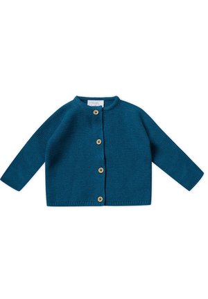 Tee-farbene Strickjacke mit Rundhalsausschnitt, langen Ärmeln und fünf Holzknöpfen vorne. Strukturierter Stoff mit geripptem Saum.