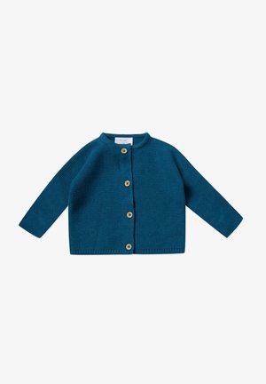 Teal gebreide cardigan met een ronde halslijn, lange mouwen en vijf houten knopen aan de voorkant. Gelaagd stof met geribbelde zoom.