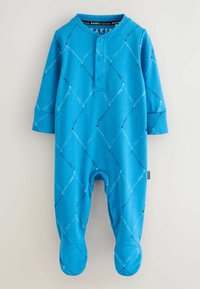 Blaues Baumwollbaby-Overall mit langen Ärmeln, vorderer Knopfleiste, Rautenmuster in Hellblau und Schwarz sowie geschlossenen Füßen.