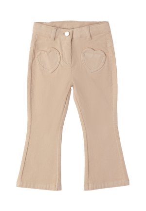 Pantalones de pana beige con perneras acampanadas y bolsillos delanteros en forma de corazón, presentan un botón y trabillas en la cintura.