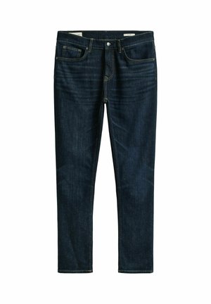 Slim-Fit-Jeans aus dunkelblauem Denim mit vorderen und hinteren Taschen, Gürtelschlaufen und Knopfverschluss.