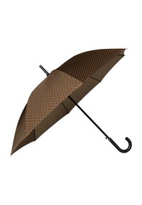 Brun paraply med et geometrisk mønster, sort buet håndtag og en sort metalramme. Kuppel er let rundet og struktureret.