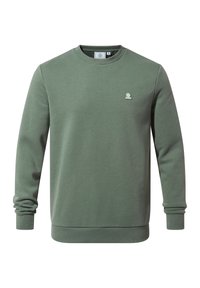 Men’s olive green crewneck sweatshirt with long sleeves and small white logo on the left chest.
