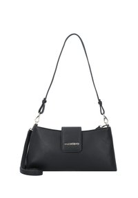 Fekete bőrtáska téglalap alakú, nyomógombos zárómechanizmussal és levehető vállpánttal. Fémes logó kiemelés.