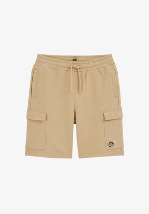 Beige cargoshorts met elastische tailleband, trekkoord, zijzakken en een kleine vogel logo op de onderste linker zak.