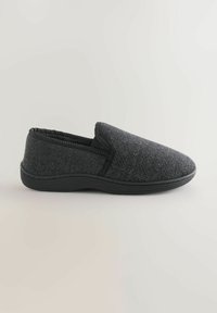 Papuci de casă slip-on de culoare gri închis, cu un upper din material moale și talpă flexibilă din cauciuc negru, concepuți pentru confortul interior.