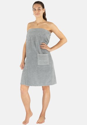 Grau Handtuchwickel aus weichem Frottierstoff. Verfügt über ein trägerloses Design und eine Fronttasche. Gerade Saumlinie, knielange Cut.