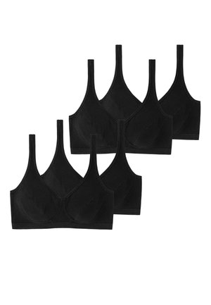 Vier zwarte, ongevoerde bralettes met brede verstelbare schouderbanden, naadloze cups en een soepel, rekbaar katoenmixmateriaal.