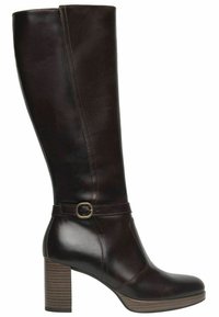 Knee-high brown leather boot with a chunky heel, rounded toe, and an adjustable strap featuring a metal buckle. Smooth texture with subtle shine.