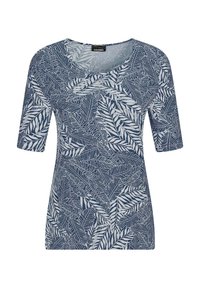 Marineblauwe t-shirt met korte mouwen, voorzien van een wit bladerenpatroon en een ronde halslijn, gemaakt van een zachte, rekbare stof.